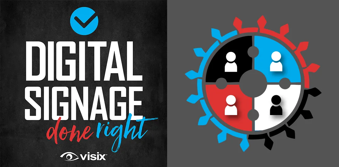 Digital Signage Done Right logo on left. Company communications icon with wheel and people on right.