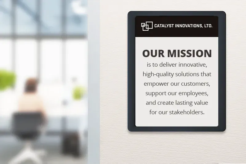 EPS 125 small ePaper sign used as digital signage in offices - showing mission statement
