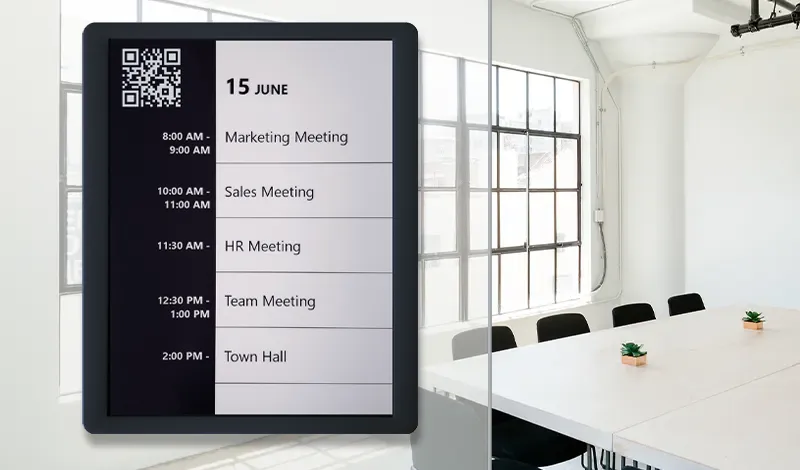 EPS 125 epaper room sign showing schedule with QR code for booking rooms