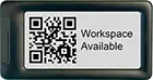 small ePaper sign with QR code on screen for desk hoteling in offices - mounts to desk edge