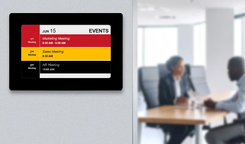 EPS 74 epaper paper room signs show meeting room reservations and schedules in black, red and yellow ink