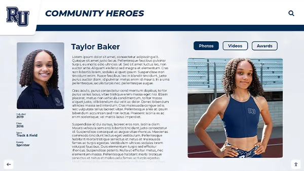 Digital hall of fame student profile with photo shown on interactive digital display