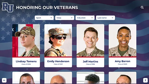 Touchscreen display honoring veterans and alumni with photos