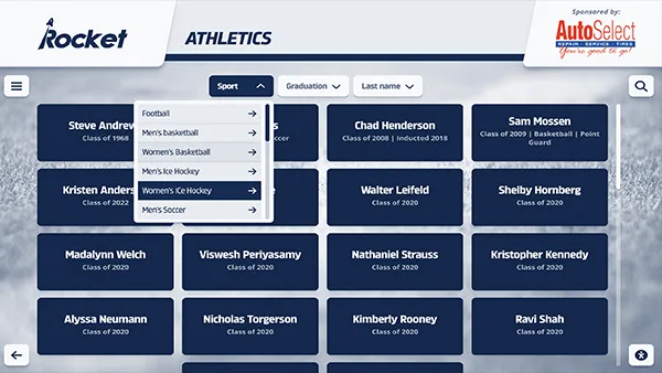 Interactive school athletics board with sort and filter