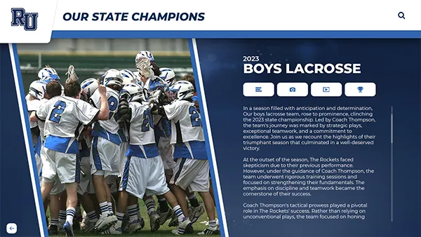 Touchscreen athletics board with team history, photos, videos and highlights