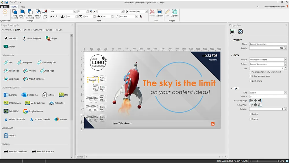 AxisTV Design digital signage designer screenshot - Pull in external feeds with data widgets