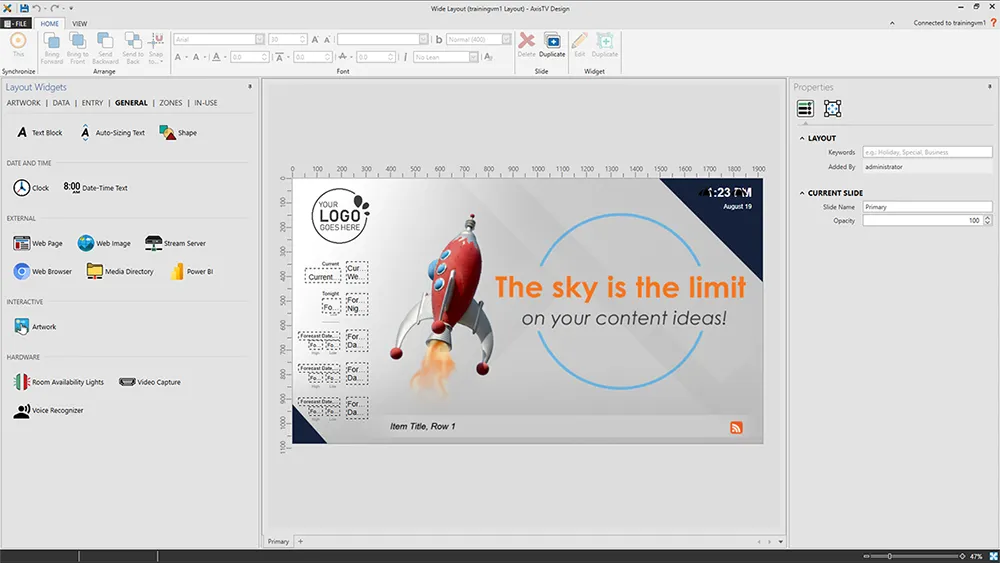 AxisTV Design digital signage designer screenshot - Combine elements and set properties for each
