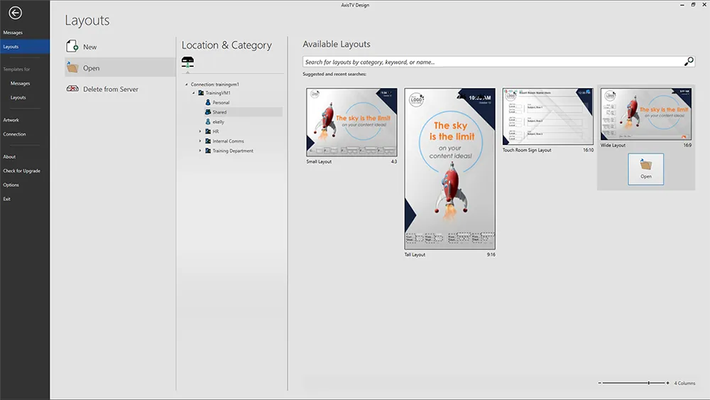 AxisTV Design digital signage designer screenshot - Design layouts, messages and templates
