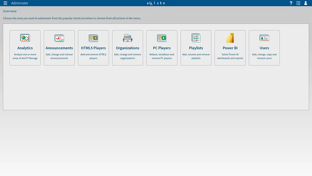 AxisTV Manage digital signage CMS screenshot - Manage users, media players, analytics and more
