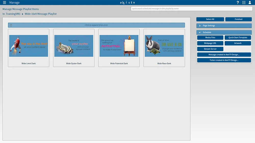 AxisTV Manage digital signage CMS screenshot - Choose from 100+ types of content to import and schedule
