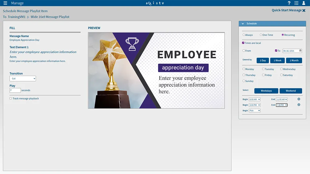 AxisTV Manage digital signage CMS screenshot - Schedule content to show when and where you want