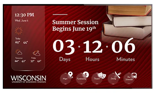 Visix digital signage sample showing campus countdown to summer session and current weather forecast