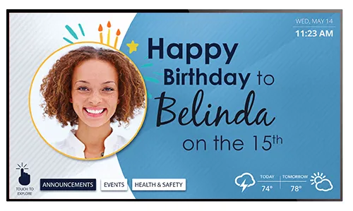 Visix digital signage sample showing happy birthday message and current weather forecast