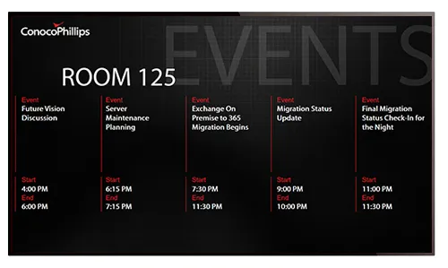Visix digital signage sample showing event schedule data for a single conference room