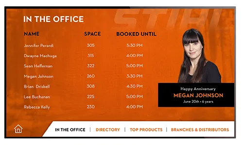Visix digital signage sample showing a directory listing of who is in the office today for hybrid office