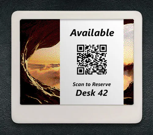 ePaper desk sign with desk reservation QR code in white block on graphic photo background