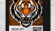 ePaper desk sign with desk reservation QR code in white block with tiger head graphic