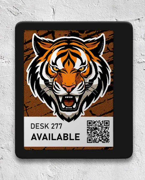 ePaper desk sign with desk reservation QR code in white block with tiger head graphic