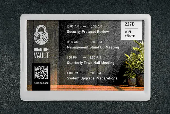 ePaper room sign with corporate branding showing meeting schedule, QR tag and logo on graphic photo background