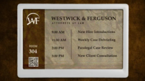 ePaper room sign with attorney office branding showing meeting schedule, QR tag and logo on graphic background