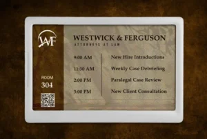 ePaper room sign with attorney office branding showing meeting schedule, QR tag and logo on graphic background