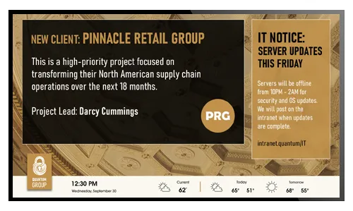 Digital signage showing updates for professional services firm