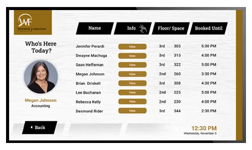 digital signage showing who is in the office today for hybrid workplace