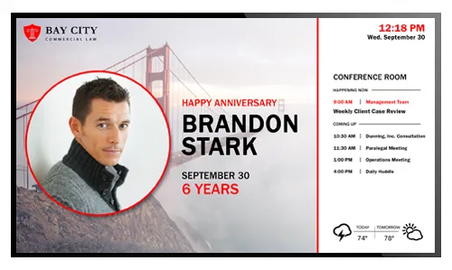digital signage for law firm showing employee anniversary and conference room schedule