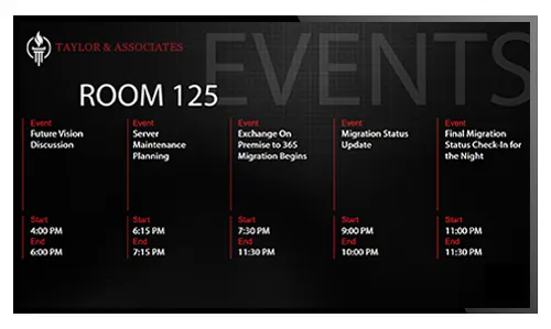 Legal firm digital signage showing events schedule for single room