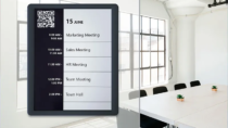 EPS 125 epaper room sign showing schedule with QR code for booking rooms