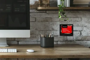 ePaper desk sign with desk reservation information in red block on graphic photo background mounted on brick wall behind desk with pen holder, monitor and mouse