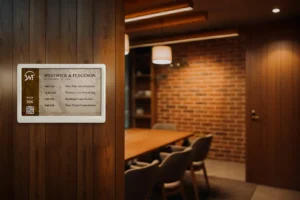 ePaper room sign with attorney office branding mounted on wood paneling outside meeting room