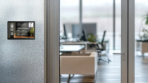 ePaper room sign with corporate branding mounted on glass outside conference room