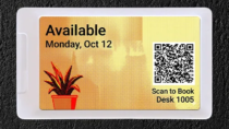 ePaper desk sign with plant background graphic and QR tag to make desk reservations
