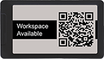 small ePaper sign with QR code on screen for desk reservations in office hoteling