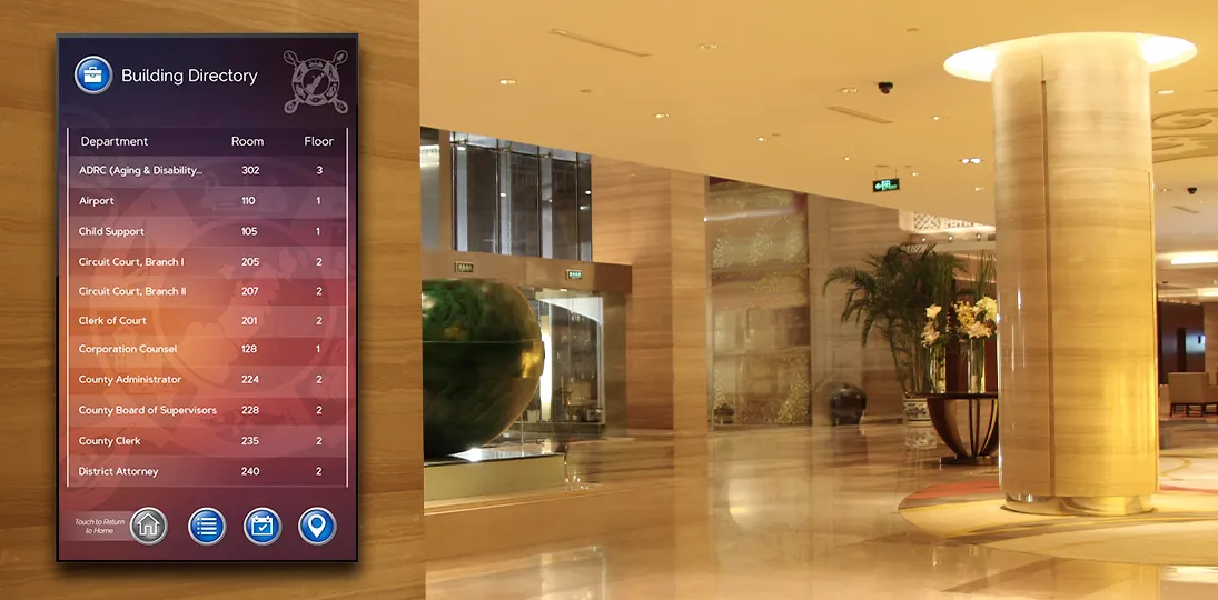 photo of digital directory on large display in open lobby