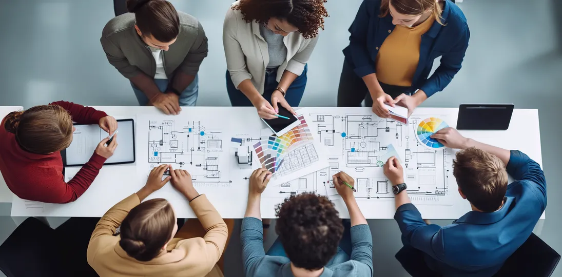photo taken from above of seven employees around a table working on plans for a digital signage system