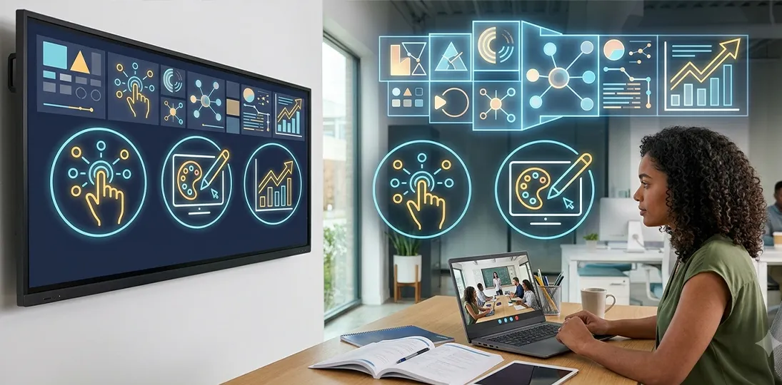 photo of woman on right with laptop open to training modules while looking at a digital display