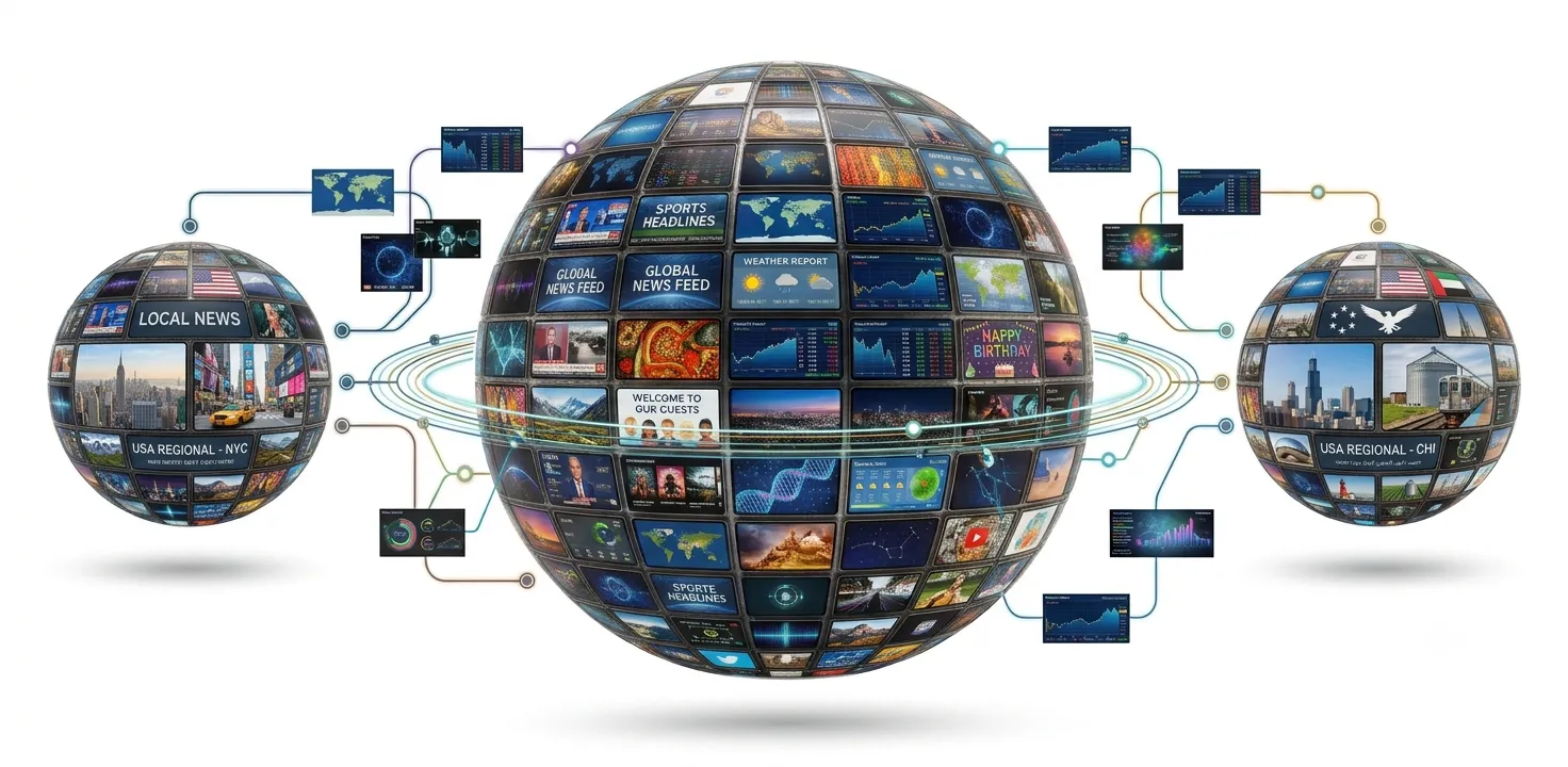 large globe with digital screens showing different content with two smaller globes showing localized digital signage content